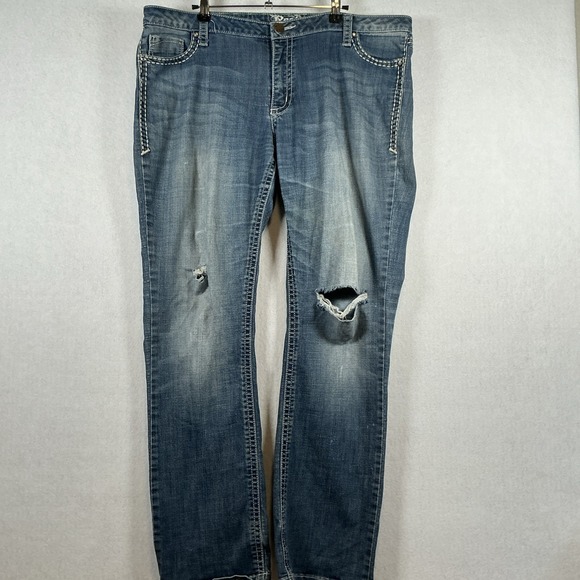 Wrangler Rock 47 Womens Denim Blue Jeans Ultra Low Rise Sz 41x31 Holes Distresse - Picture 1 of 16
